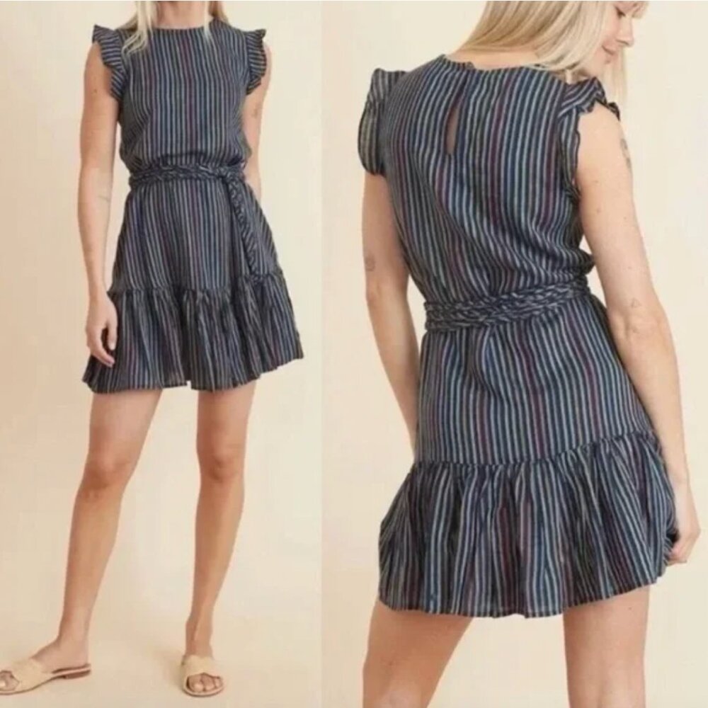 EUC Marine Layer Navy Rainbow‎ Stripe Laney Dress with Braided Belt Size Large